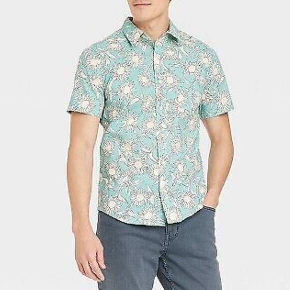 NEW Goodfellow Slim Fit Cotton Aqua Button Down Short Sleeve Casual Shi… - Picture 1 of 8